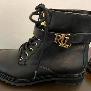 Lauren Ralph Lauren Eldridge Black Leather Ankle Boots Gold Buckle Size 5 NWOB